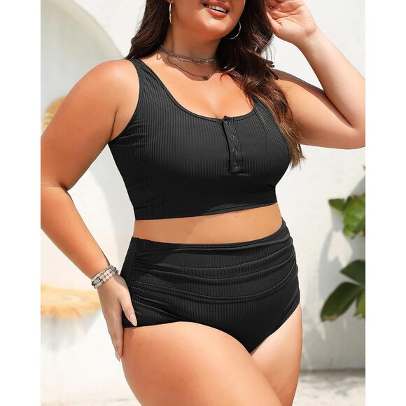 Plus Size 2 Piece Swimsuit Women's 24 PLUS Black High Waisted Bikini Ribbed NEW! - Picture 5 of 6